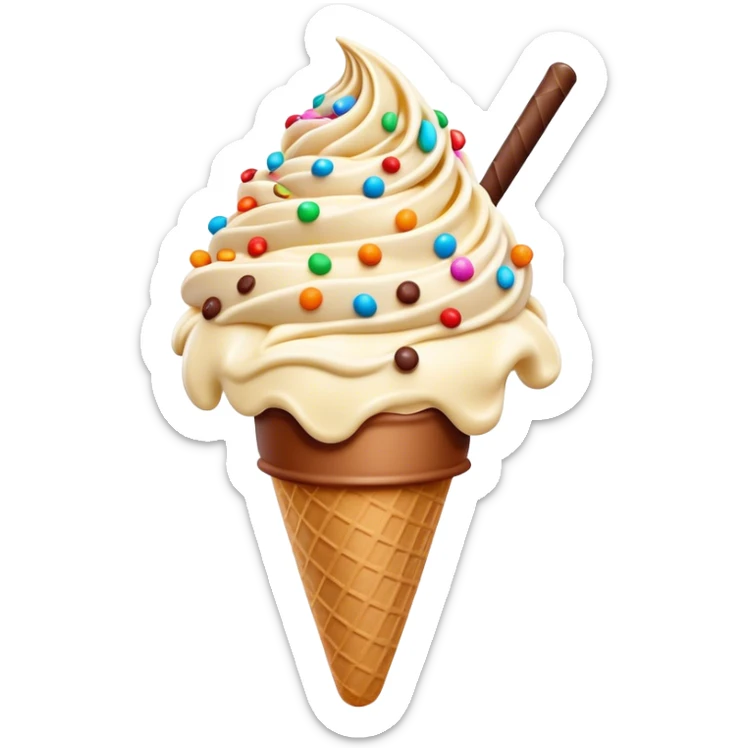 Cinematic scoop of rich, creamy ice cream, slightly melting, smooth swirls of chocolate and vanilla, colorful sprinkles on top, warm glowing background, playful and inviting. sticker