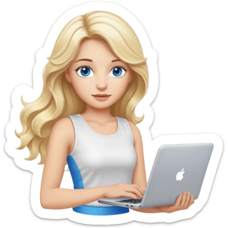 3D Apple-style emoji of a blonde woman whits long wavy hair, with bright blue eyes,
wearing a white sleeveless top,
holding a silver laptop,
clean white background, smooth rounded design
 sticker