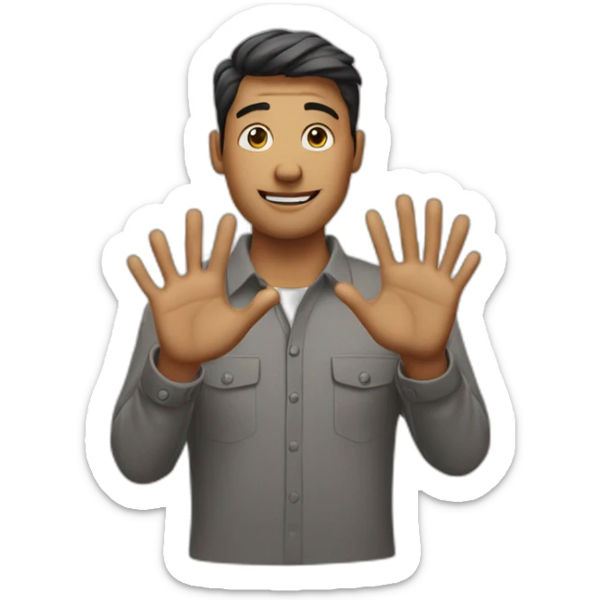 man with hands crossed in front of him. Hands in the air and 2 fingers on each hand sticking out sticker