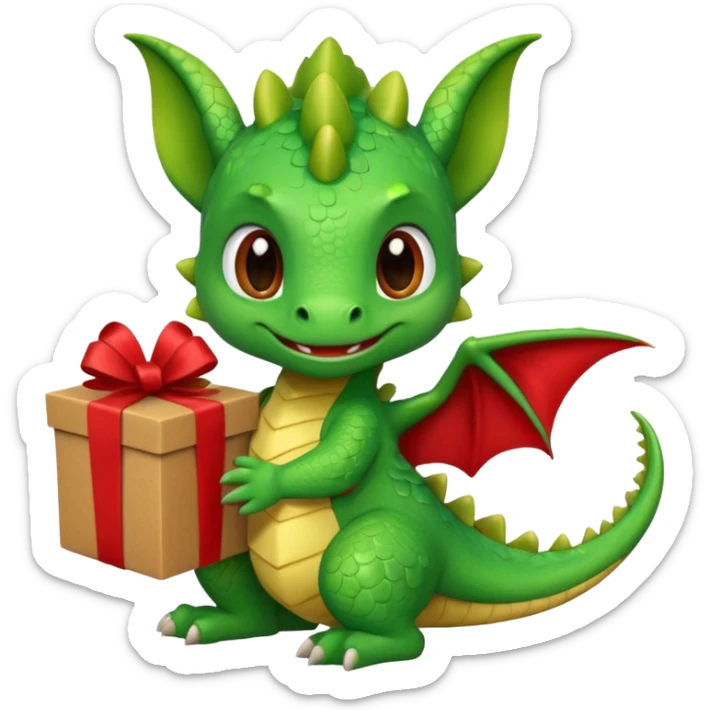 a cute baby dragon is holding a brown carton gift with red ribbon sticker