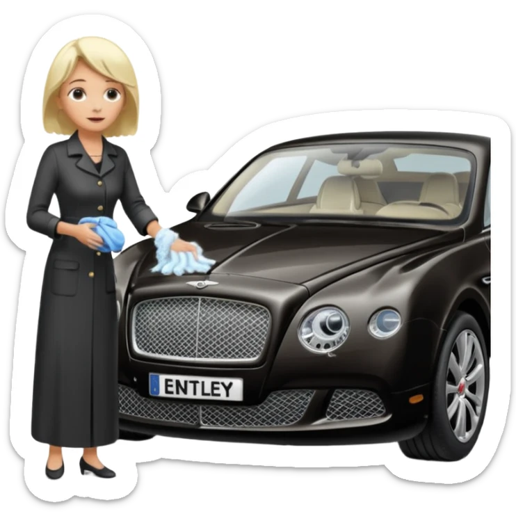 A old blond lady washing a black Bentley car. show the full car and the lady next to it. show the face smaller and the person standing beside it sticker