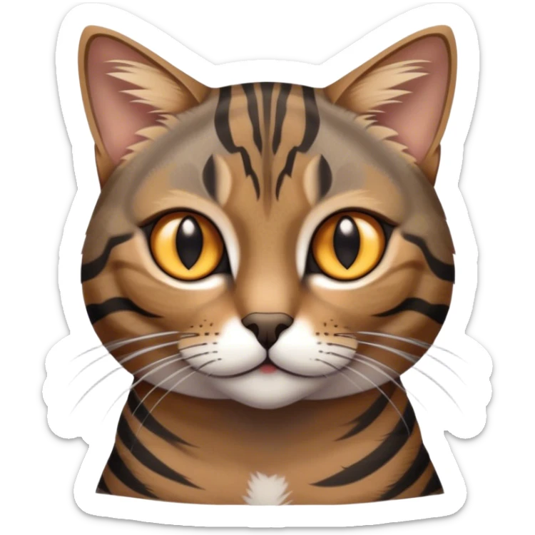 Cinematic Noble Grey and Black Brown Tabby Cat Portrait Emoji, Poised and regal, with sleek grey-brown fur featuring bold black tabby stripes and a distinct M-shaped marking on the forehead, bright amber eyes, Simplified yet sharp and sophisticated features, highly detailed, glowing with a soft, dignified glow, high shine, intelligent and graceful, stylized with an air of elegance, focused and attentive, soft glowing outline, capturing the essence of a watchful and refined feline, so majestic it feels as though it could glide across the screen with effortless confidence! sticker