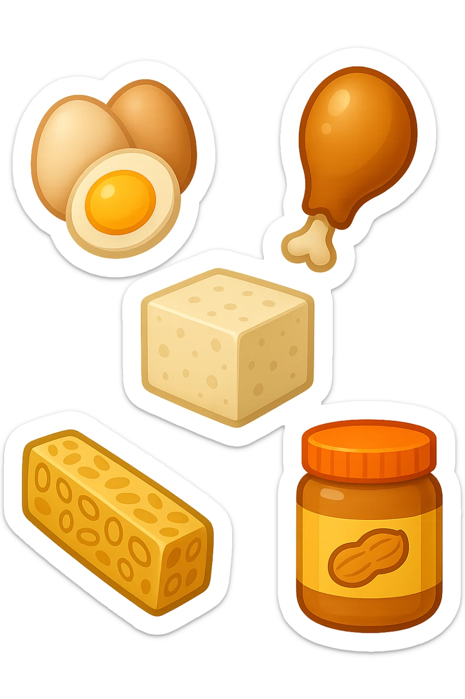 EMOJI STILE IPHONE DI
 uova, pollo, tofu, tempeh, burro di arachidi
, fluttuano in aria REALISTICA 4K sticker