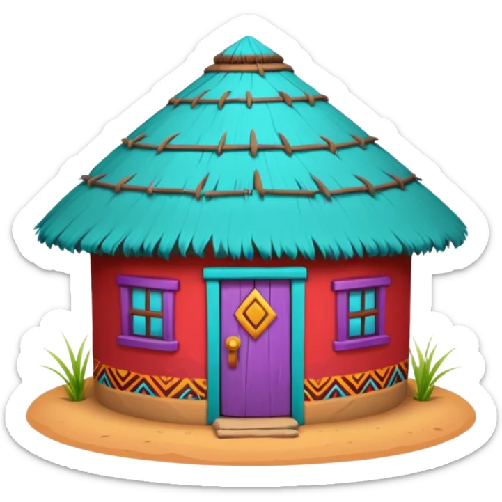 African mud hut tribal house, round adobe clay hut, thatched roof, bright colorful paint, walls in turquoise, red, yellow, purple, tribal patterns, cute mobile game icon, 3D cartoon, soft shadows, clean background, no text, no watermark sticker