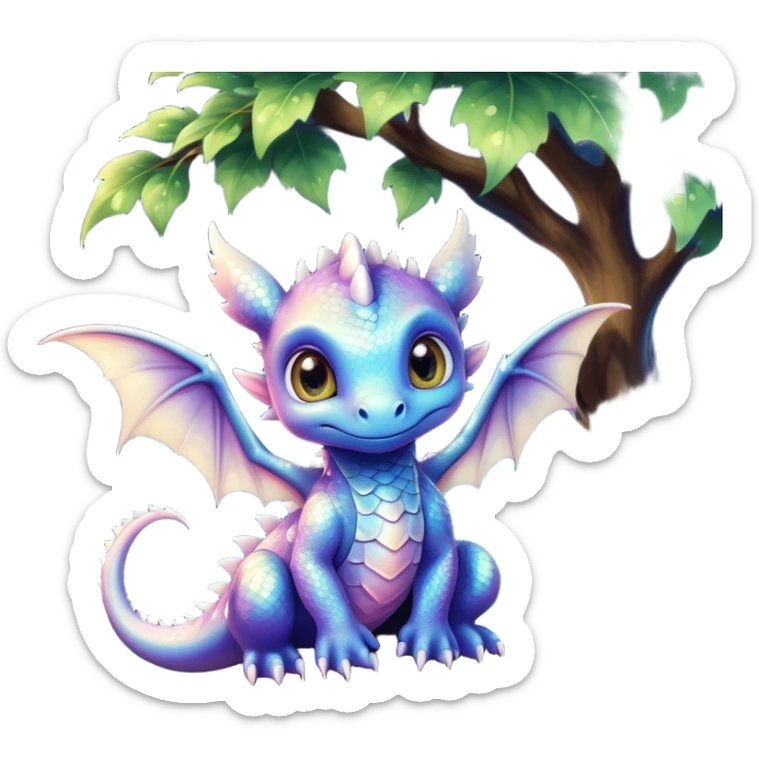 Airbrush painted image of an adorable little baby dragon with large glistening eyes sitting beside a tree under a deep galactic sky with pearlescent scales and wings spread against the stars sticker