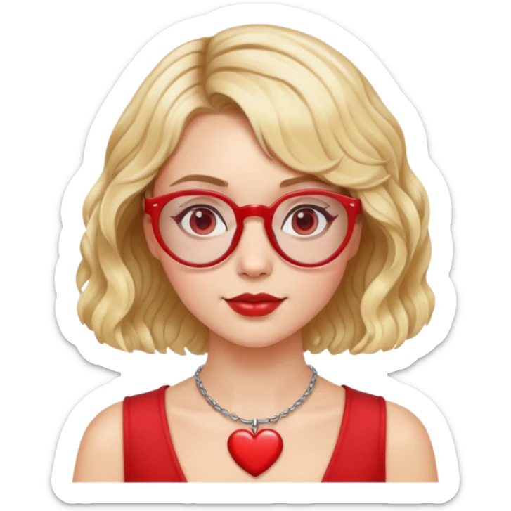 white girl head with short wavy blonde bob hair, red round glasses, heart necklace sticker