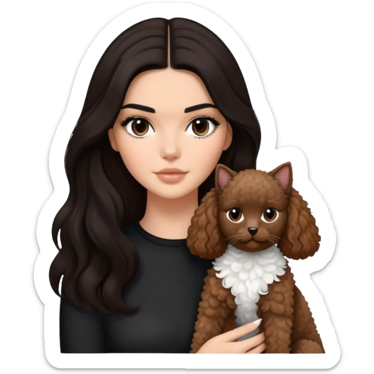 Kendall Jenner with long dark hair, holding a brown poodle and a black and white cat sticker
