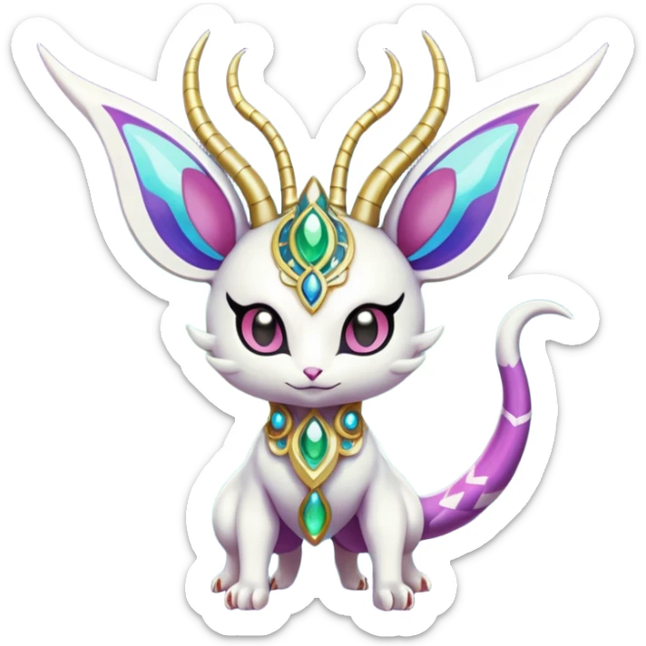 Shiny Horned Antenna’d Colorful Futuristic Ornate Oriental Painted Asian Fae-Vernid-Trico-Meloetta-Latias-Koraidon-Peppercat-Protogen-Pokémon-Digimon-Fakémon-fusion-hybrid-creature sticker