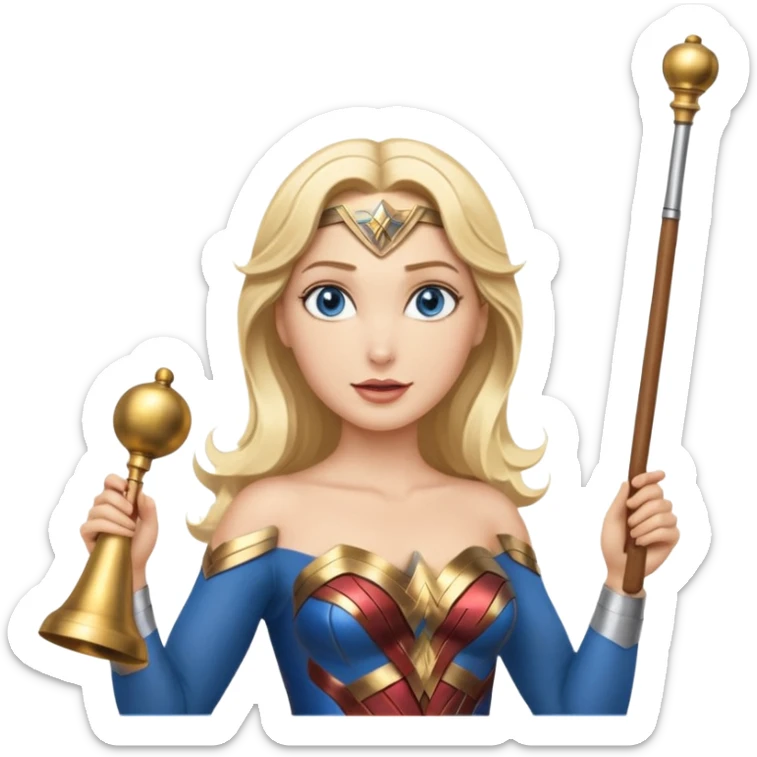 Blonde blue eyes Wonder Woman holding bell and short white orchestra conductor’s baton  sticker