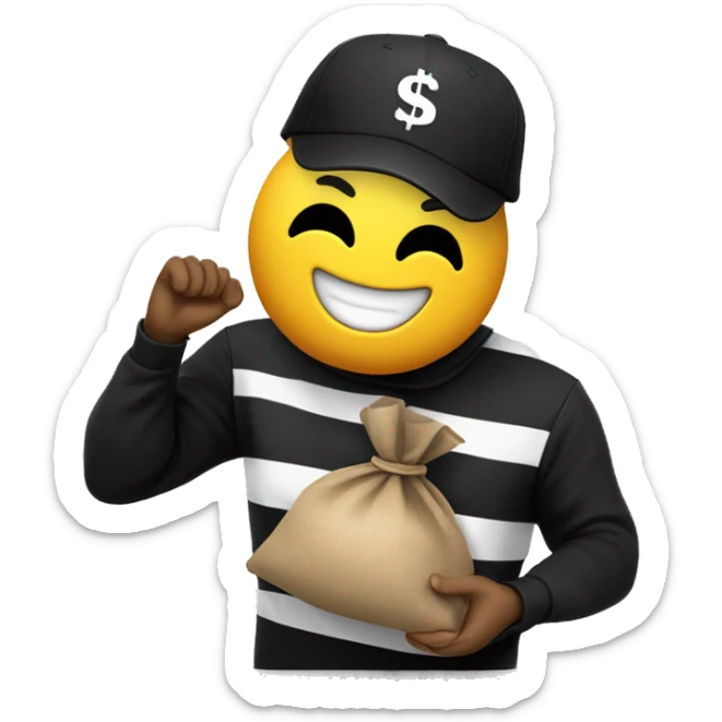 A yellow-faced emoji with a black mask, striped shirt, and a black cap smiles while holding a dollar-signed sack. The expression is friendly and playful. A normal emoji job position  sticker