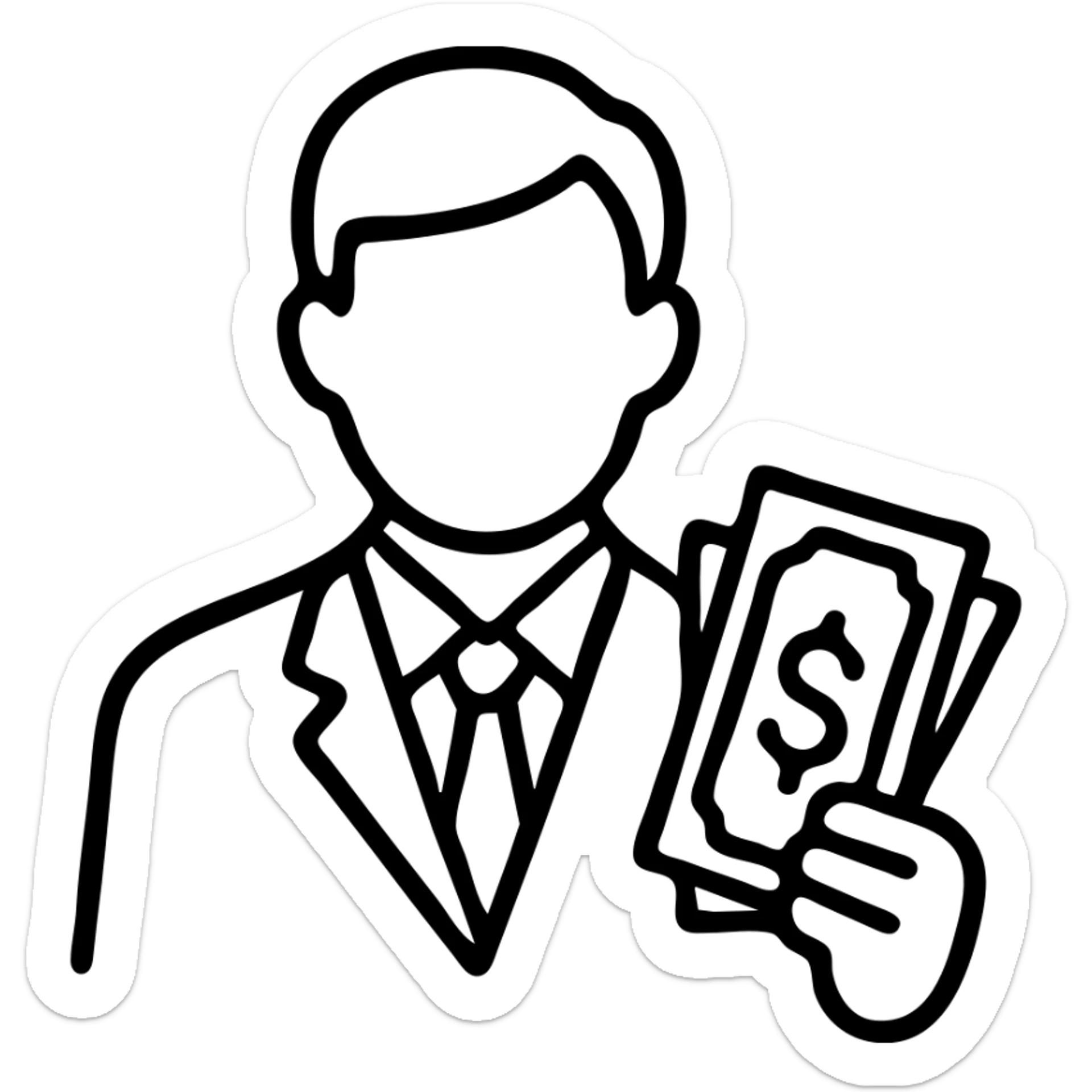 Business man holding dollar bills, wealthy person with cash sticker