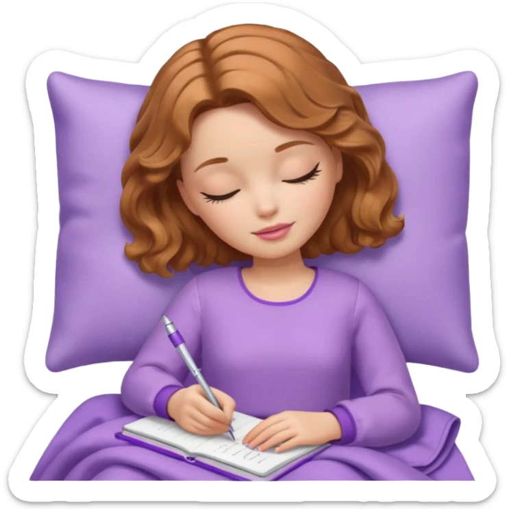 White Barbie girl Chestnut bob wavy hair sleeping with In lavender clothes, he writes in a notebook sticker