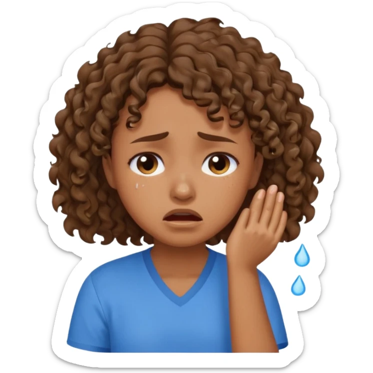 young curly hair girl, brown hair, with a blue shirt, in despair crying sticker