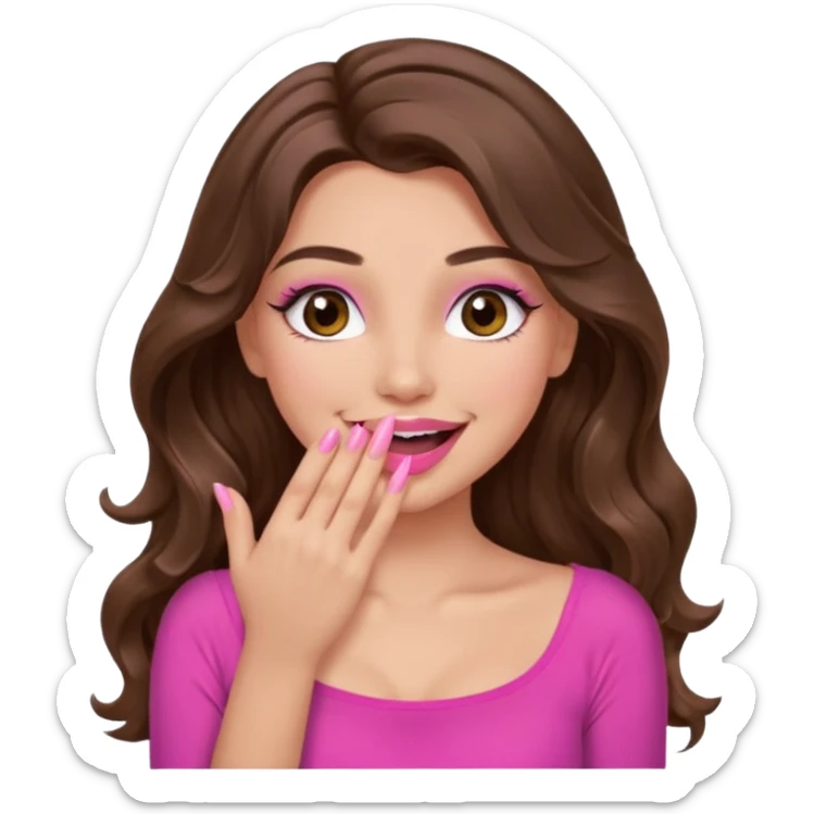girl with long wavy brown hair, brown eyes, long lashes makeup, pink lips, light to medium complexion, pink sexy top, smiling, hand covering the mouth, giggling sticker