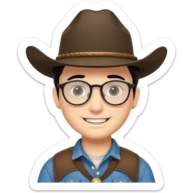 Smiling boy with cow boy hat and black hair  . With chin strap and black glasses  sticker
