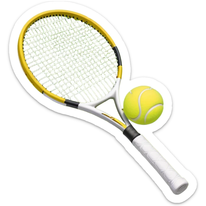 A tennis racket with a bright yellow tennis ball resting on it, set against the backdrop of a well-maintained tennis court. The scene emphasizes the smooth lines of the court and the focus on the ball and racket, symbolizing the elegance and precision of the sport sticker