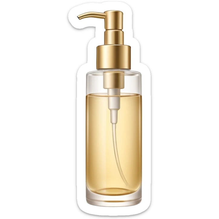 elegant semi-transparent pump bottle filled with pale golden to clear liquid, slightly glossy and lightweight, cylindrical bottle with curved pump top and clean lines, skincare product style, no label, no extras, soft lighting, subtle shadows, emoji scale sticker