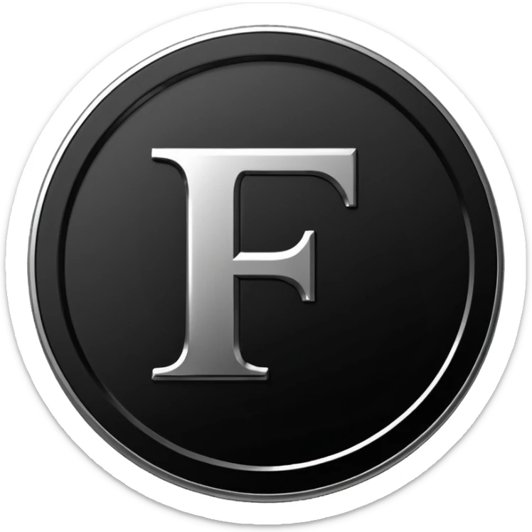 Emoji icon of a black coin with engraved letter F, minimalist style, isolated, no color sticker