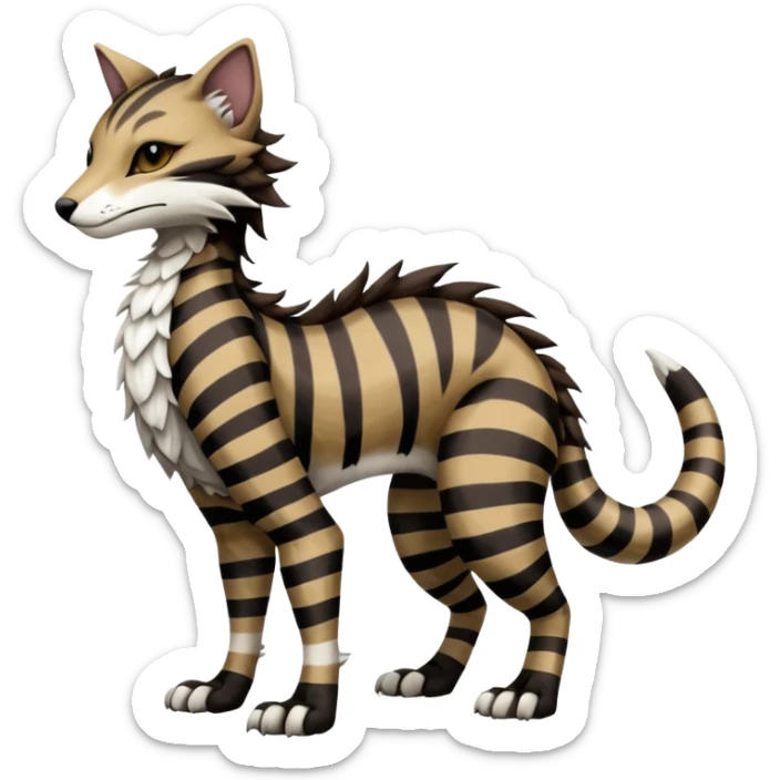 Brown and black and white patterned fantasy feline-vernid-sergal-fursona animal creature with a tufted tail full body with intricate markings  sticker