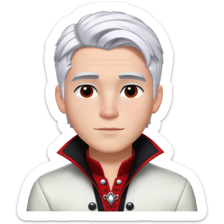 Carlos from Descendants, white hair with black roots, freckles, red black and white outfit sticker