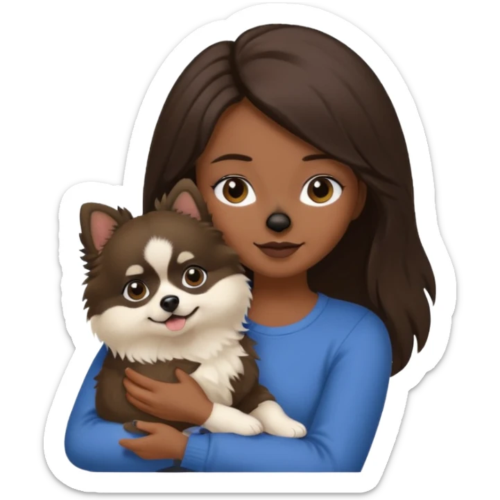 A brunette girl holding a Pomeranian dog who has black face but in the middle it’s white line sticker