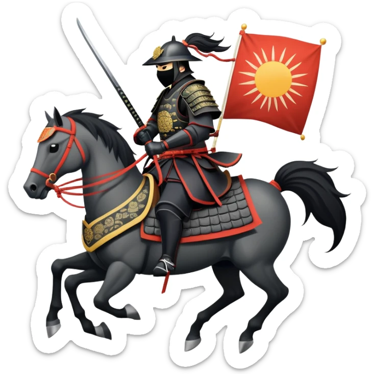 clash-of-clans-aesthetic_-cinematic-fearsome-and-majestic-samurai-bust-portrait-emoji, rendered in a flat, vector-style with minimal shading and bold, simplified shapes typical of emoji art, depicting a battle-hardened samurai with black mask and traditional black Japanese armor. The samurai is riding a noble grey warhorse adorned with an intricately designed saddle and fluttering banners and a rising sun. a samurai on a   horse sticker