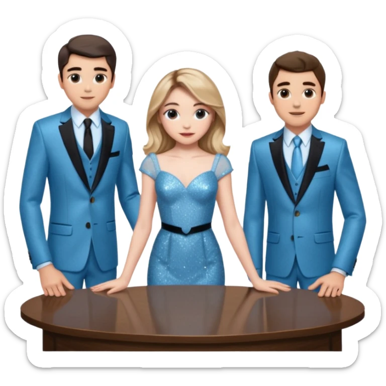 Sabrina carpenter in a light blue sparkly dress at a table with 3 handsome men, and she is standing up reaching over  sticker