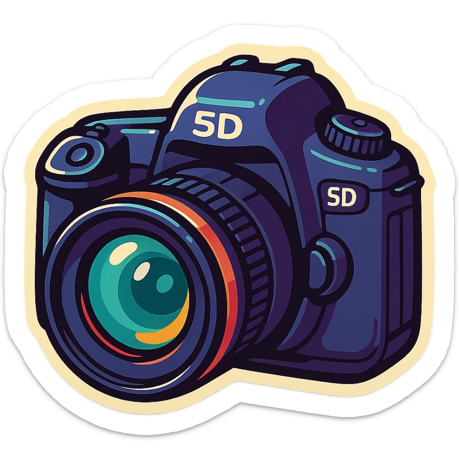 retro sticker style illustration of a DSLR camera inspired by Canon 5D Mark III, bold outlines, expressive shadows, glossy highlights, juicy playful bright look, classic DSLR shape and lens details sticker