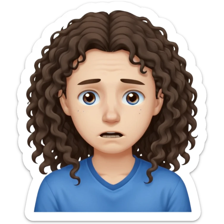 white young long dark brown CURLY hair, with a blue shirt, in despair crying, brown eyes, septum nose piercing sticker