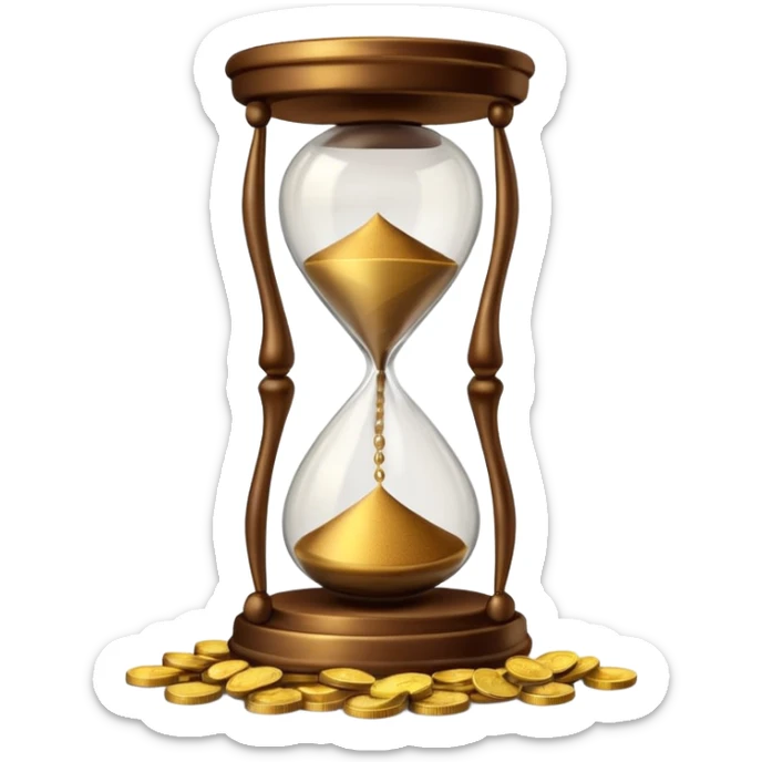 Realistic 3D render of a stack of shiny gold coins with brown hourglass beside it. The hourglass has transparent glass with dark golden-brown sand flowing inside and warm brown top and base. Soft lighting, clean white background, smooth shadows, high detail, symbolizing time and wealth. sticker