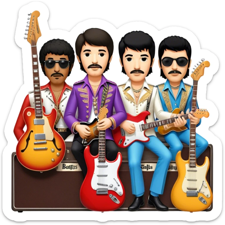 Rock music icon: dynamic collage of global rock legends like The Beatles, Jimi Hendrix, Elvis Presley, Freddy Mercury and Curt Cobane, surrounded by guitars, amplifiers, and stage lights. Symbolizing the energy and power of rock music. Transparent background. sticker