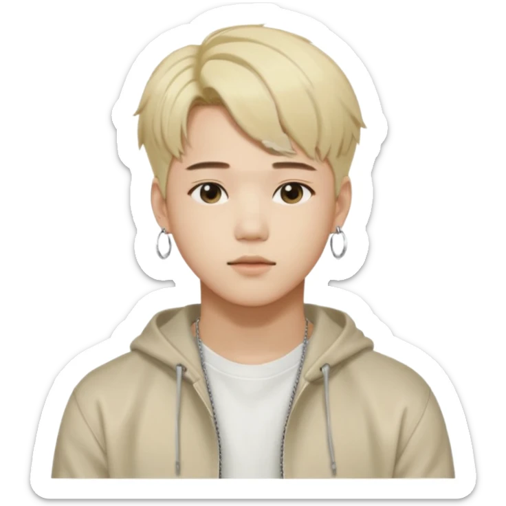 Illustrate a Korean male idol with blond dyed hair, earrings, casual streetwear & confident pose, inspired by Jimin of BTS. sticker