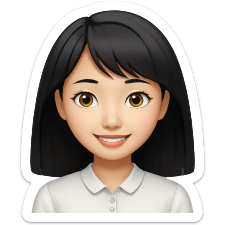 30 yr old asian woman center parted hair big eyes big smile tanned skin straight black hair hippie part hair white blouse shoulder length hair middle parted hair few short bangs at front sticker