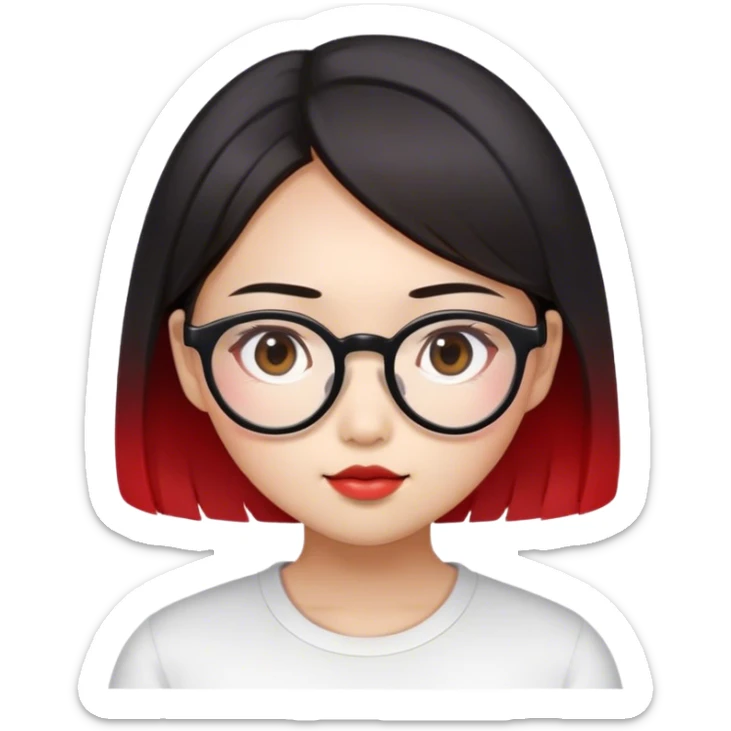 asian girl with round face, straight black brown hair with gradient red in the end, wear glasses sticker