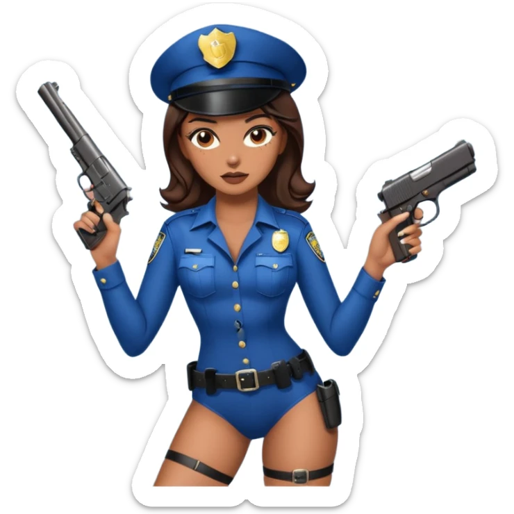 A sexy girl. with caramel skin. Dark brown hair and brown eyes. She has freckles. Wearing sexy makeup. Dressed as a sexy cop. wearing lingerie and heels. Holding a gun sticker