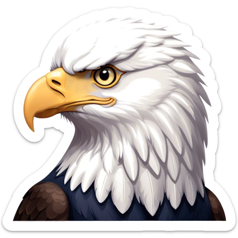 Cinematic Noble American Eagle Portrait Emoji, Poised and regal, with a powerful, broad build, a distinctive white-headed silhouette contrasting a dark, formidable body, and piercing, intense eyes, Simplified yet sharp and sophisticated features, highly detailed, glowing with a soft, majestic radiance, high shine, intelligent and commanding, stylized with an air of national pride, focused and vigilant, soft glowing outline, capturing the essence of a watchful and confident American eagle that appears ready to soar out of the screen with effortless authority! sticker