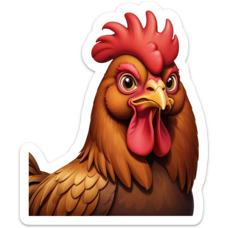 Cinematic Noble Brown Rooster Portrait Emoji, Poised and regal, with a robust, commanding build and a rich, well-groomed brown plumage, deep-set soulful warm eyes, Simplified yet sharp and sophisticated features, highly detailed, glowing with a soft, dignified glow, high shine, intelligent and proud, stylized with an air of rustic majesty, focused and attentive, soft glowing outline, capturing the essence of a watchful and confident leader, so majestic it feels as though it could crow out of the screen with effortless authority! sticker