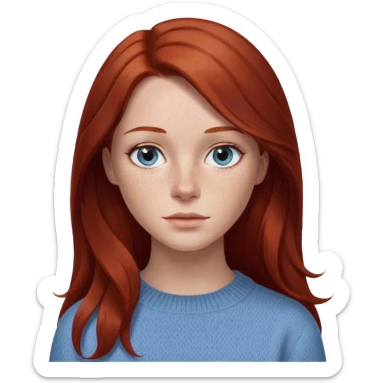 woman with long dark auburn red hair that is mostly straight but has slight waves to it. grey blue eyes. some freckles. wearing a Swedish style sweater that is neutral. the image on the right is closer sticker
