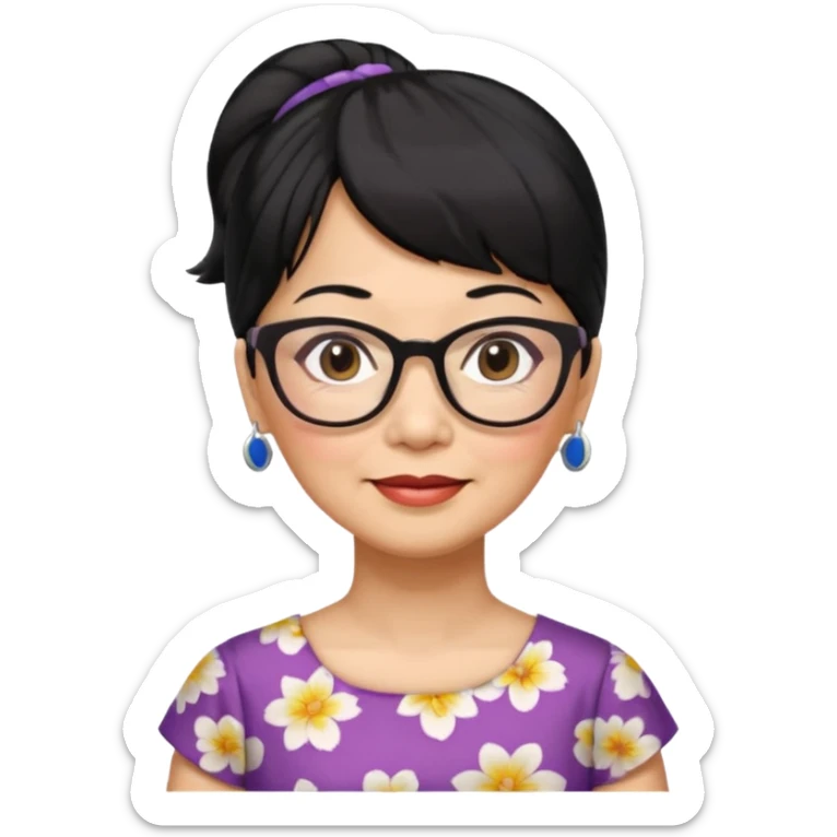 filipino woman black hair in one pony tail with straight bangs and big glasses, 60 yr old, nice dress

 sticker