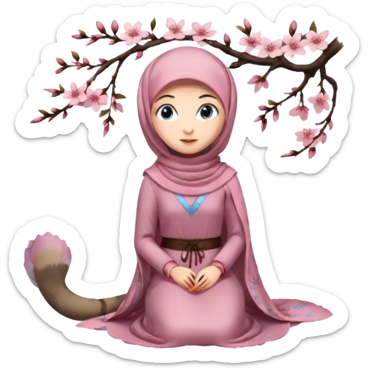 Turkish beautiful finish Konya girl blue eyes with hijab and cherry blossom dress long tailed on the floor  sticker
