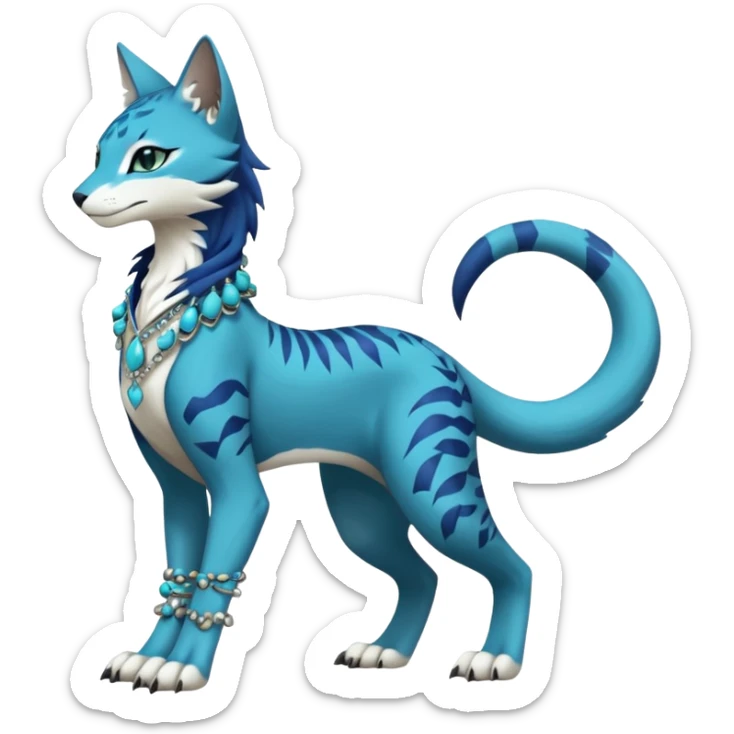 Kawaii cute Indigo Turquoise Grey beautiful pretty elegant divine edgy feline-vernid-sergal-Fakémon-Pokémon-Digimon-fursona-animal-creature, full body, with intricate detailed markings, silken shawl, decorative anklets sticker