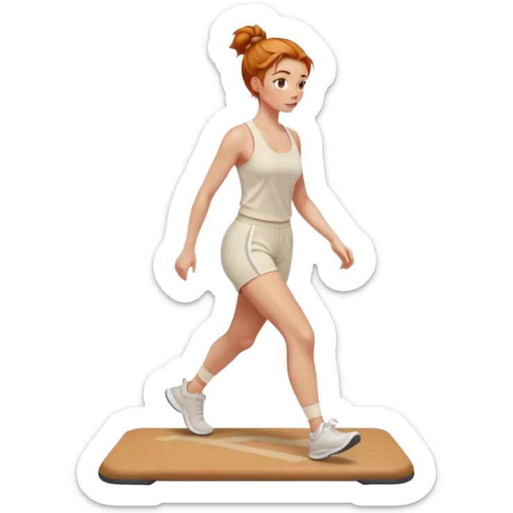 Beautiful Ginger girl messy bun walking on walking pad cream gym outfit sticker