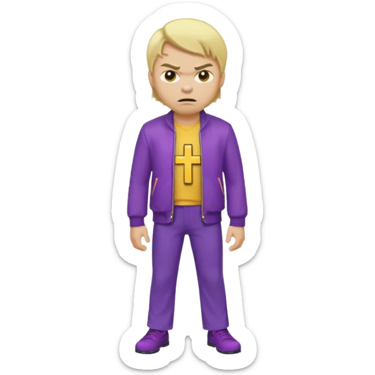 Create A Guy Wearing Light Skin Blond Hair Yellow Cross Purple Jacket Purple Pants And Mad Face sticker