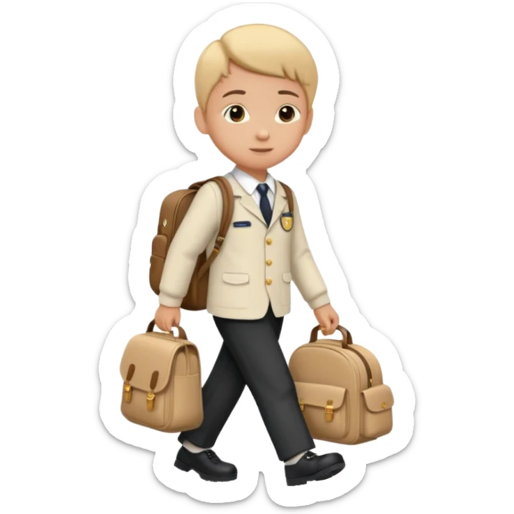 Picture → Child with school bag going to school
Label → “I go to school.” sticker