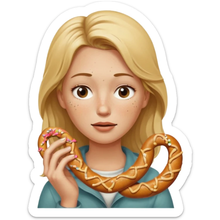 One eye closed, Dirty blond woman, fair skin with freckles,  holding pretzel sticker