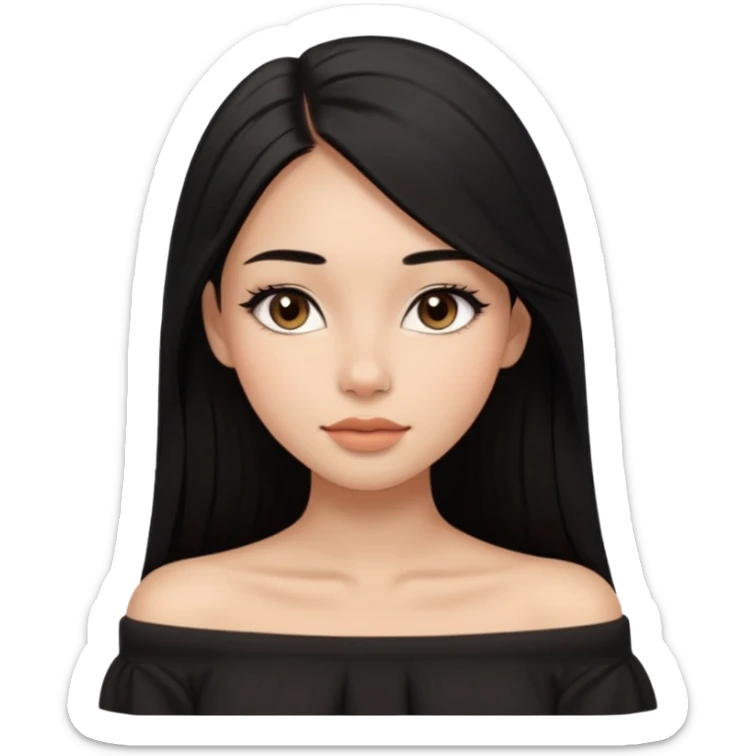 A realistic 3D avatar of a young woman with a soft oval face, slim cheeks, natural almond eyes, long straight black hair, minimal makeup, wearing a black off-shoulder top, elegant and aesthetic, brown skintone, add nosepin at left side.  sticker