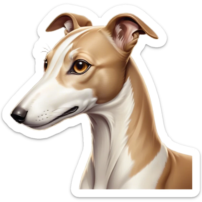 Cinematic Noble White and Brown Greyhound Portrait Emoji, Poised and regal, with a slender, aerodynamic build and a sleek Fur of pristine white accented by warm brown markings, deep-set soulful eyes, Simplified yet sharp and sophisticated features, highly detailed, glowing with a soft, dignified glow, high shine, intelligent and agile, stylized with an air of elegance, focused and attentive, soft glowing outline, capturing the essence of a watchful and swift companion, so majestic it feels as though it could dash out of the screen with effortless authority! sticker
