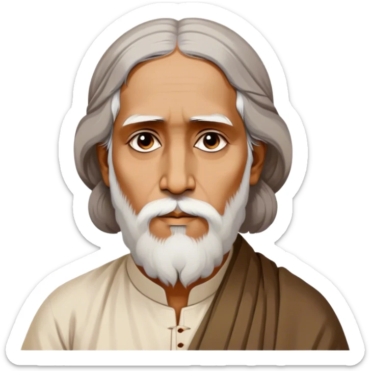 Rabindranath Tagore – Cinematic Realistic Portrait of Rabindranath Tagore, depicted with thoughtful, soulful eyes and gentle features, dressed in traditional Bengali attire with subtle artistic motifs, bathed in warm, soft lighting that evokes his poetic genius and timeless wisdom. sticker