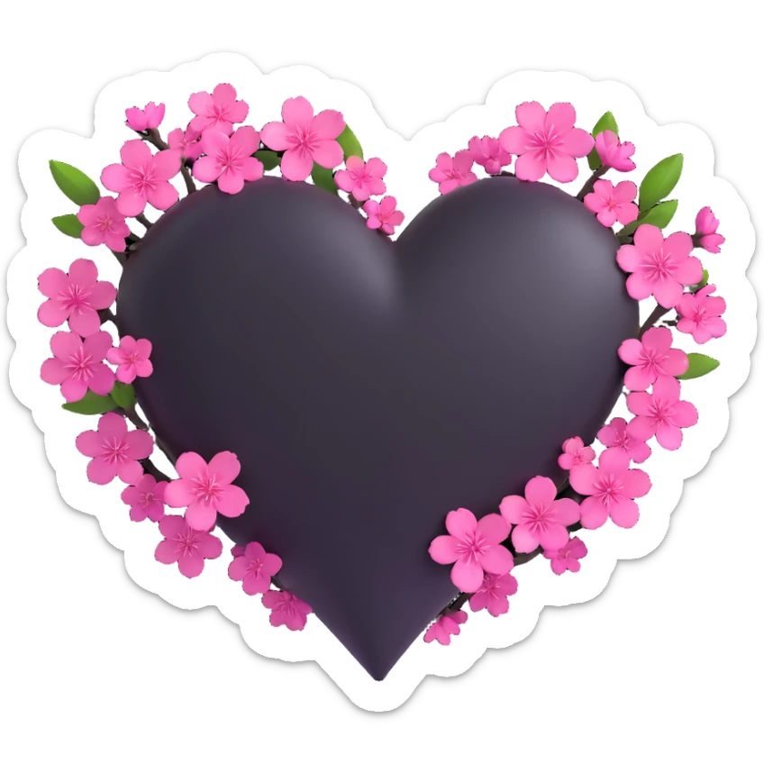 goth sakura heart, black heart with sakura branch wrapped around, magenta blossoms, smooth and playful sticker