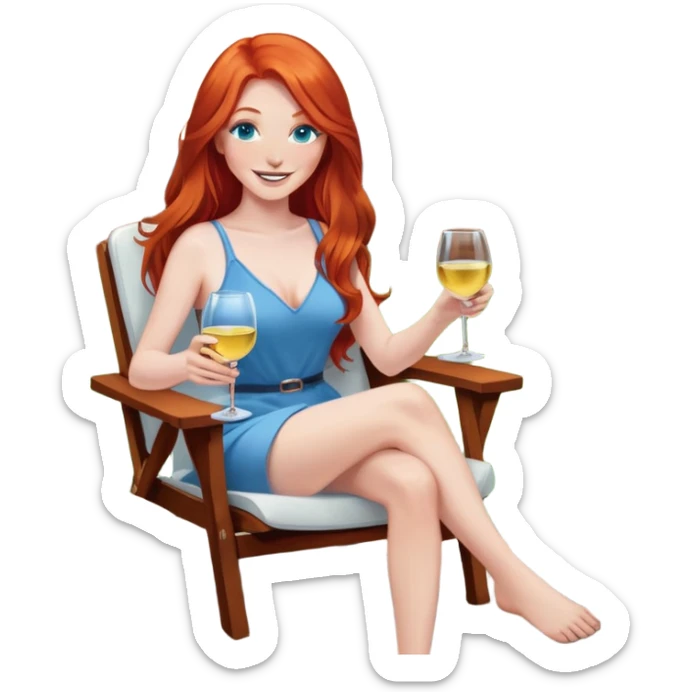 Happy redhead with long hair and blue eyes holding white wine sitting in chair beside fire pit in backyard sticker